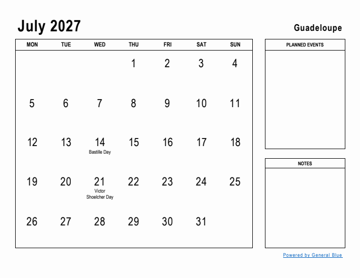 July 2027 Printable Monthly Calendar with Guadeloupe Holidays