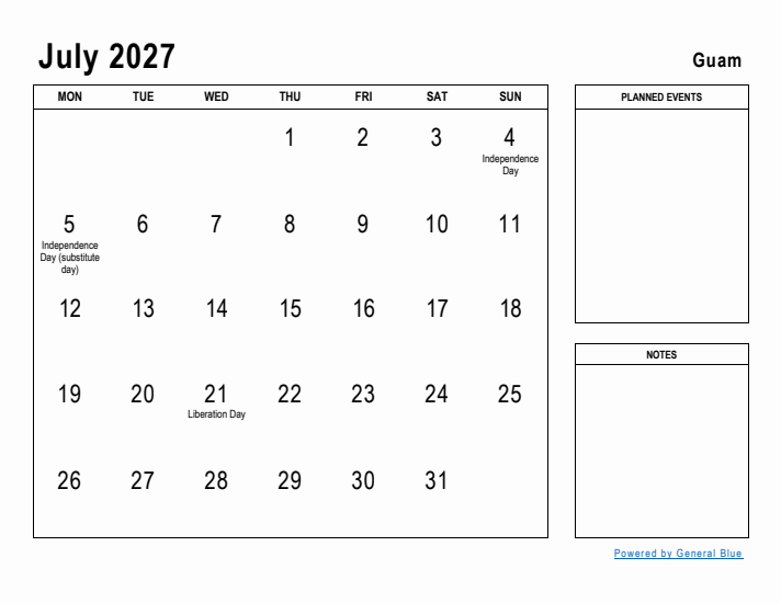 July 2027 Printable Monthly Calendar with Guam Holidays