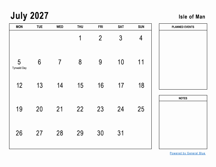 July 2027 Printable Monthly Calendar with Isle of Man Holidays