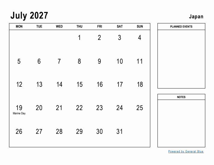 July 2027 Printable Monthly Calendar with Japan Holidays