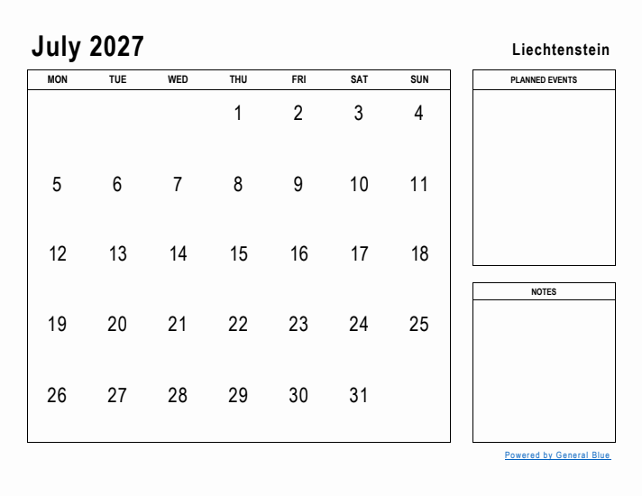 July 2027 Printable Monthly Calendar with Liechtenstein Holidays