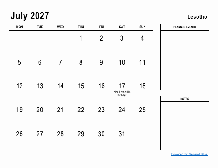 July 2027 Printable Monthly Calendar with Lesotho Holidays