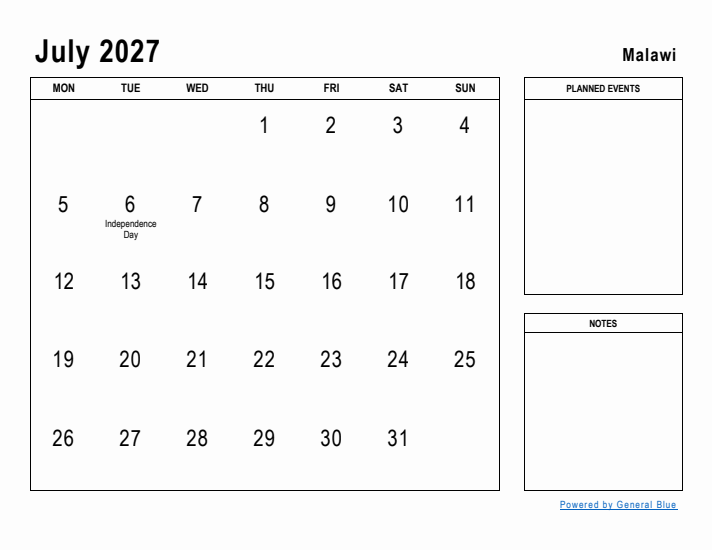 July 2027 Printable Monthly Calendar with Malawi Holidays