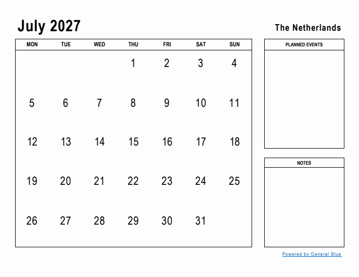 July 2027 Printable Monthly Calendar with The Netherlands Holidays