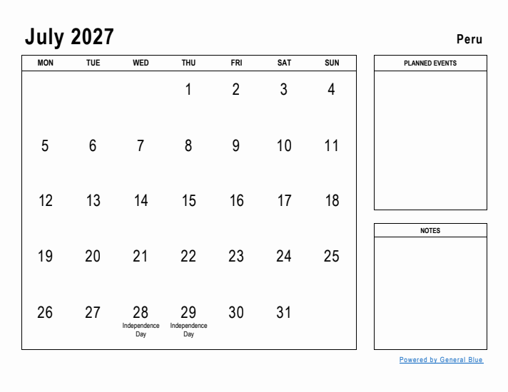 July 2027 Printable Monthly Calendar with Peru Holidays