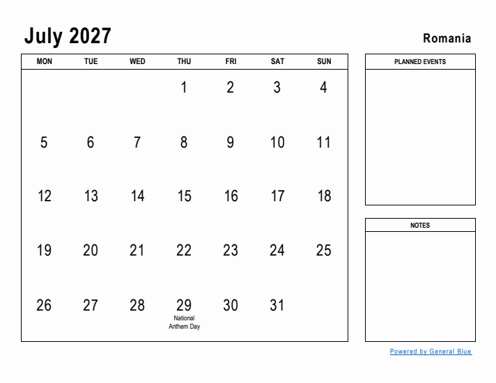 July 2027 Printable Monthly Calendar with Romania Holidays