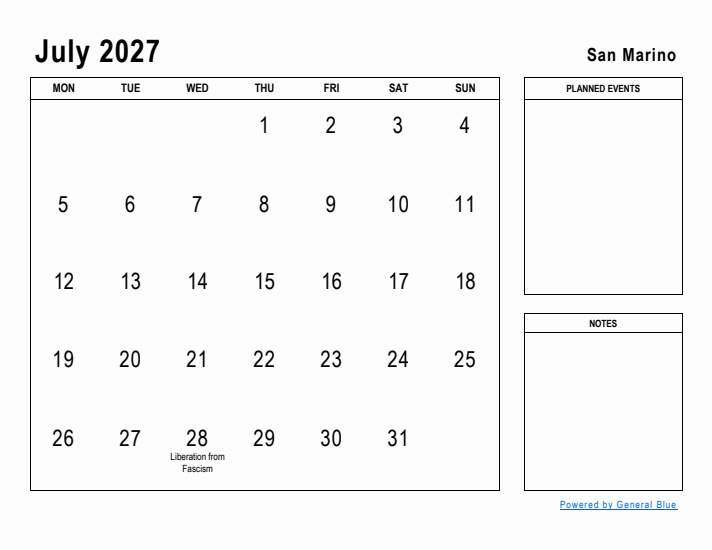 July 2027 Printable Monthly Calendar with San Marino Holidays