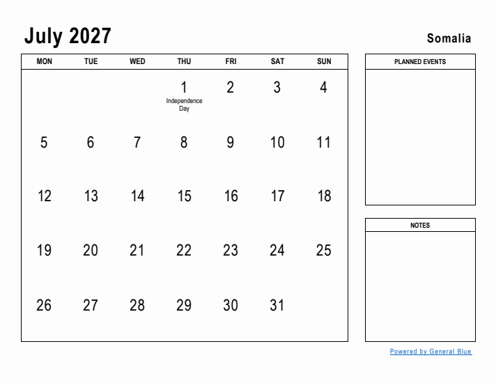 July 2027 Printable Monthly Calendar with Somalia Holidays