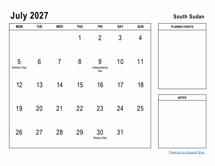 July 2027 Printable Monthly Calendar with South Sudan Holidays