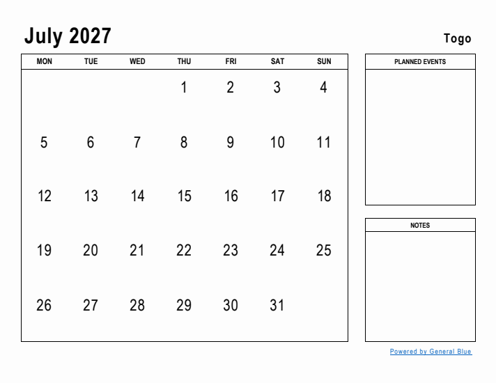 July 2027 Printable Monthly Calendar with Togo Holidays