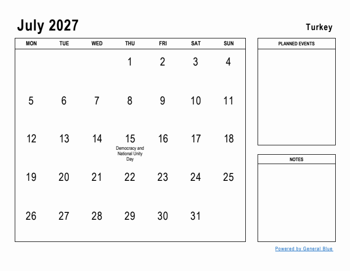 July 2027 Printable Monthly Calendar with Turkey Holidays