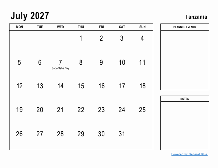 July 2027 Printable Monthly Calendar with Tanzania Holidays