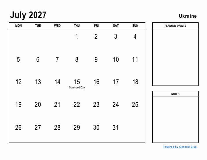 July 2027 Printable Monthly Calendar with Ukraine Holidays