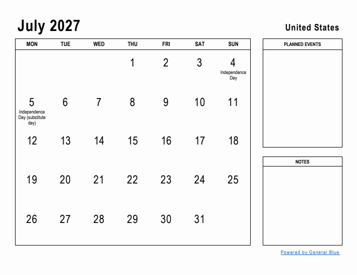 July 2027 Printable Monthly Calendar with United States Holidays