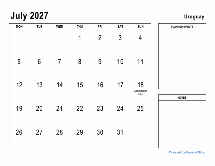 July 2027 Printable Monthly Calendar with Uruguay Holidays