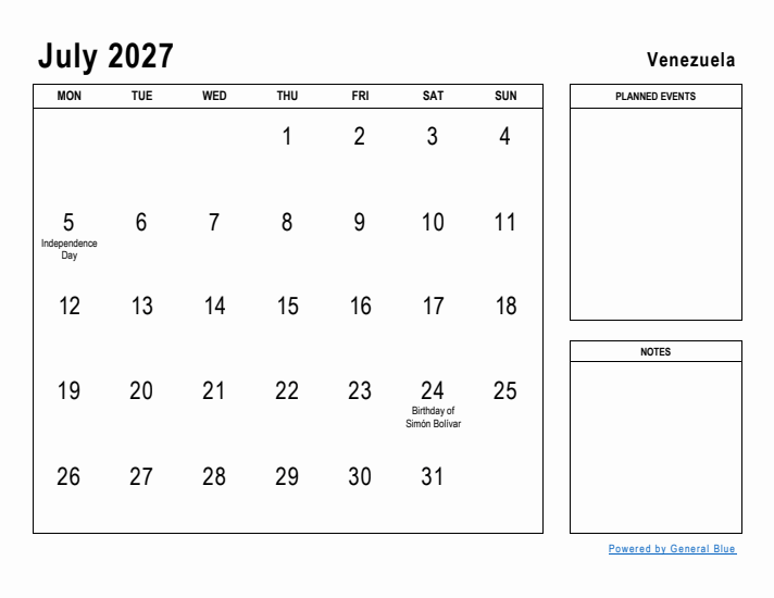 July 2027 Printable Monthly Calendar with Venezuela Holidays