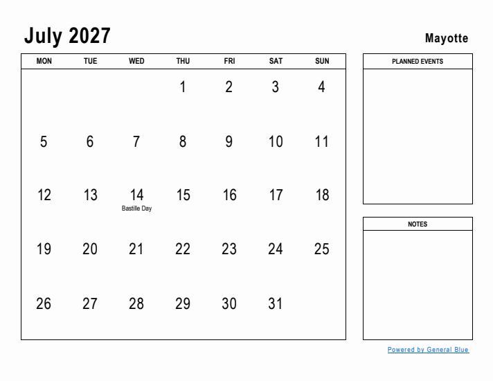 July 2027 Printable Monthly Calendar with Mayotte Holidays