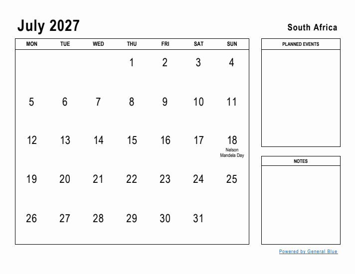 July 2027 Printable Monthly Calendar with South Africa Holidays