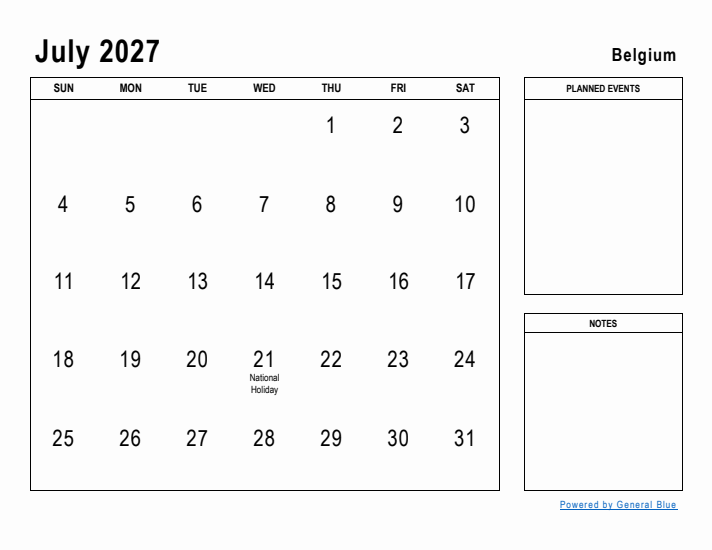 July 2027 Printable Monthly Calendar with Belgium Holidays