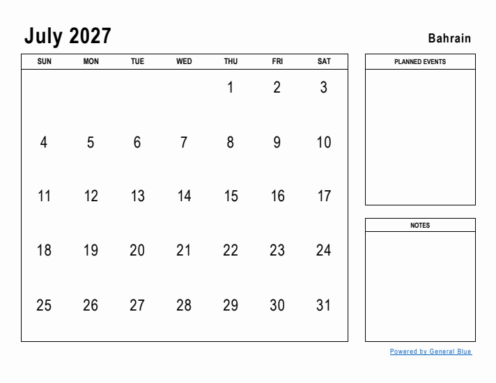 July 2027 Printable Monthly Calendar with Bahrain Holidays