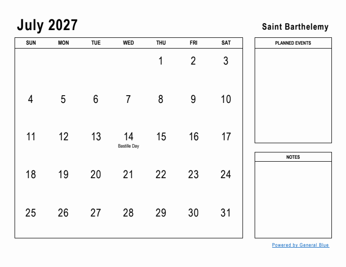 July 2027 Printable Monthly Calendar with Saint Barthelemy Holidays