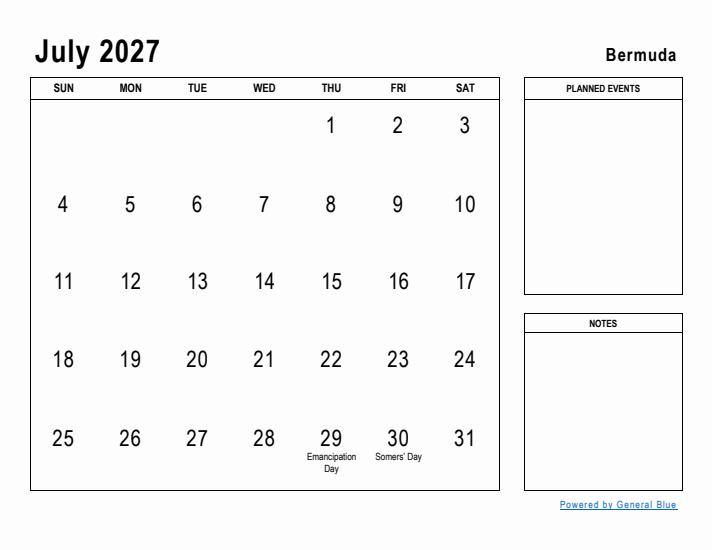 July 2027 Printable Monthly Calendar with Bermuda Holidays