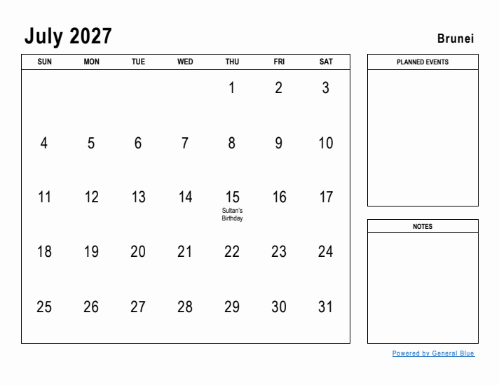 July 2027 Printable Monthly Calendar with Brunei Holidays