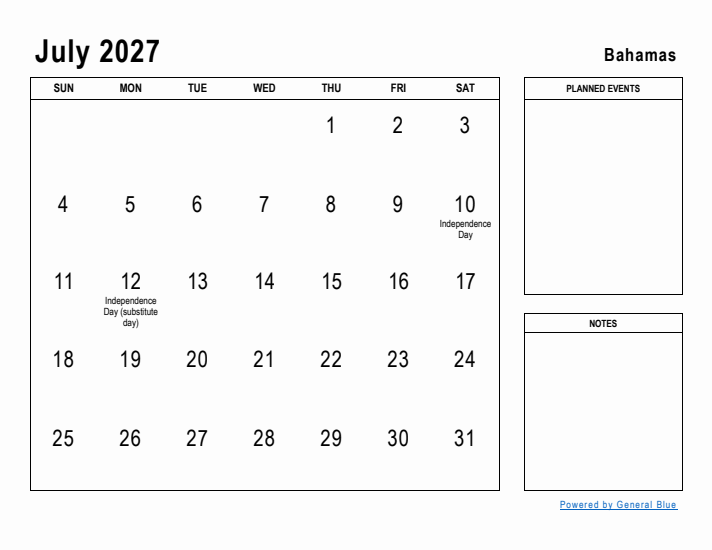 July 2027 Printable Monthly Calendar with Bahamas Holidays