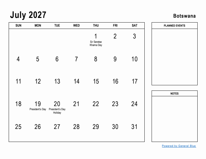 July 2027 Printable Monthly Calendar with Botswana Holidays