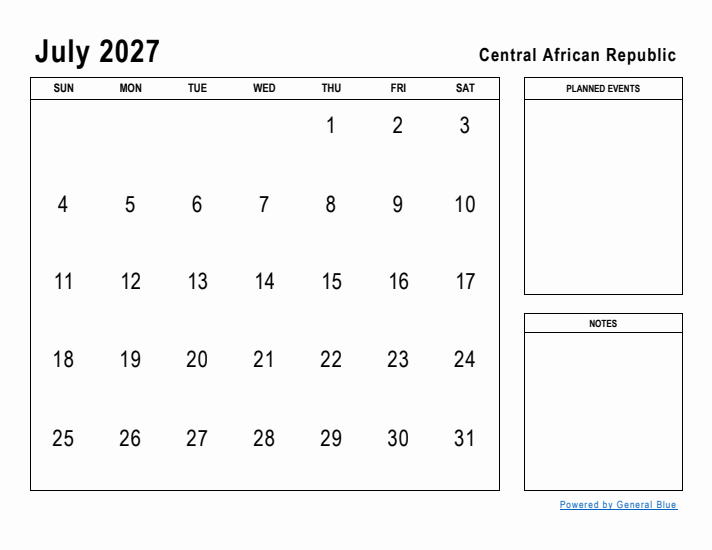 July 2027 Printable Monthly Calendar with Central African Republic Holidays