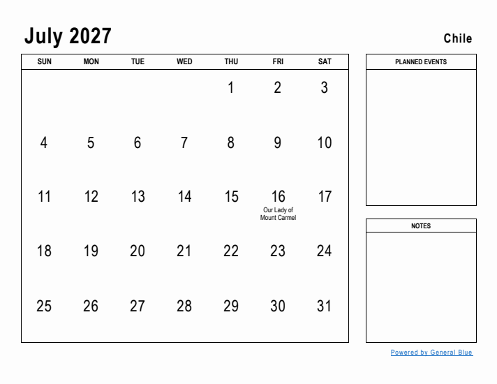 July 2027 Printable Monthly Calendar with Chile Holidays