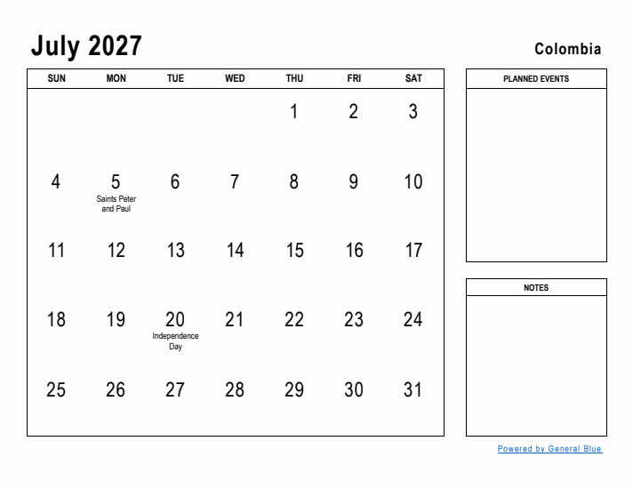 July 2027 Printable Monthly Calendar with Colombia Holidays