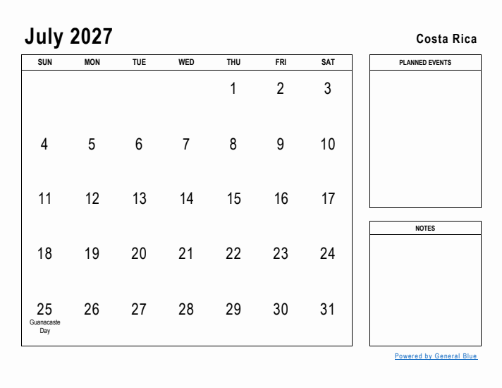 July 2027 Printable Monthly Calendar with Costa Rica Holidays