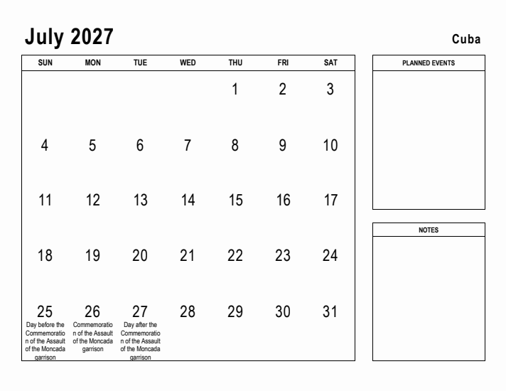 July 2027 Printable Monthly Calendar with Cuba Holidays