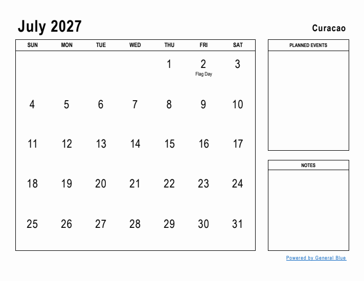 July 2027 Printable Monthly Calendar with Curacao Holidays