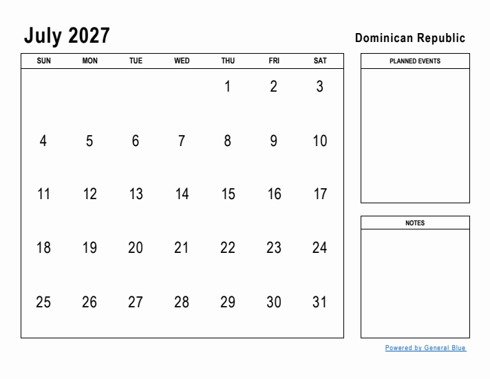 July 2027 Printable Monthly Calendar with Dominican Republic Holidays