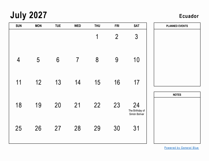 July 2027 Printable Monthly Calendar with Ecuador Holidays