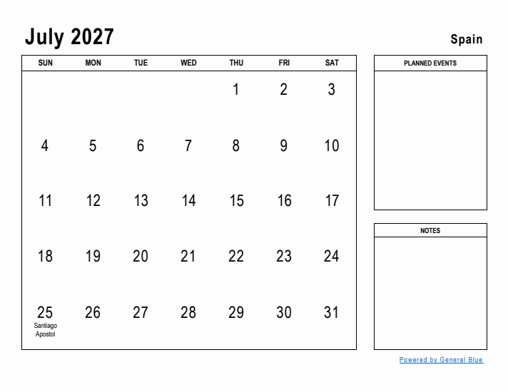 July 2027 Printable Monthly Calendar with Spain Holidays