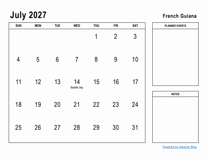 July 2027 Printable Monthly Calendar with French Guiana Holidays