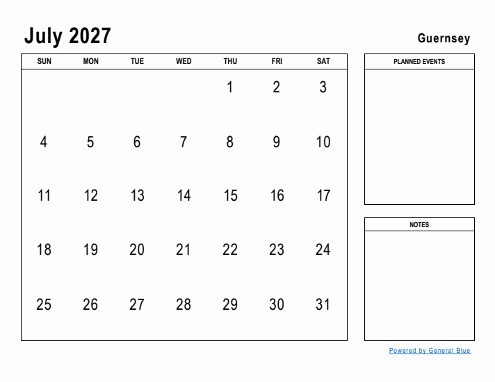 July 2027 Printable Monthly Calendar with Guernsey Holidays