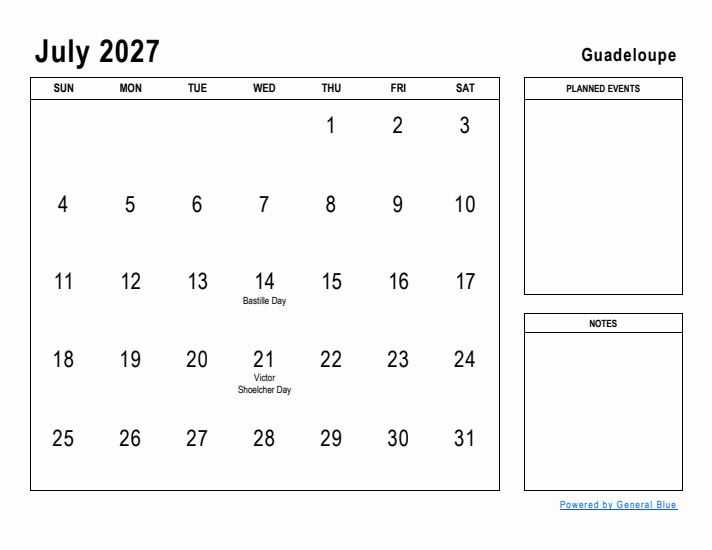 July 2027 Printable Monthly Calendar with Guadeloupe Holidays