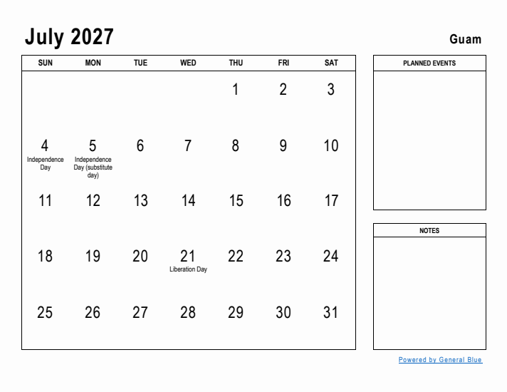 July 2027 Printable Monthly Calendar with Guam Holidays