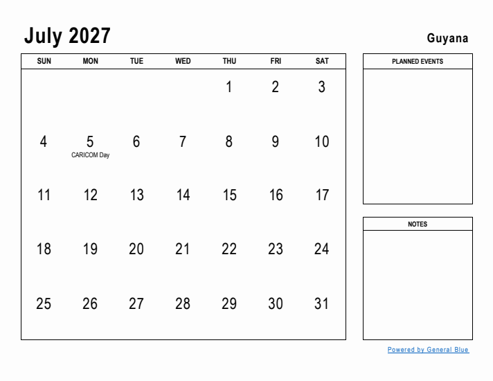 July 2027 Printable Monthly Calendar with Guyana Holidays