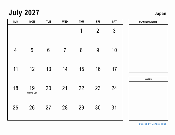 July 2027 Printable Monthly Calendar with Japan Holidays