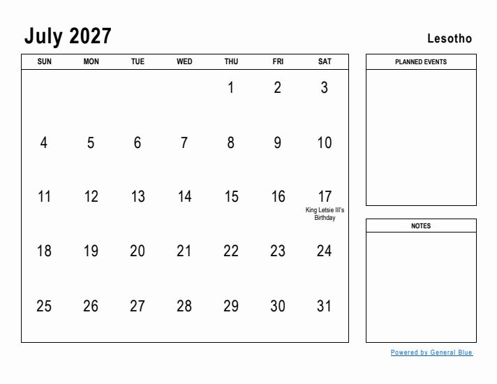 July 2027 Printable Monthly Calendar with Lesotho Holidays