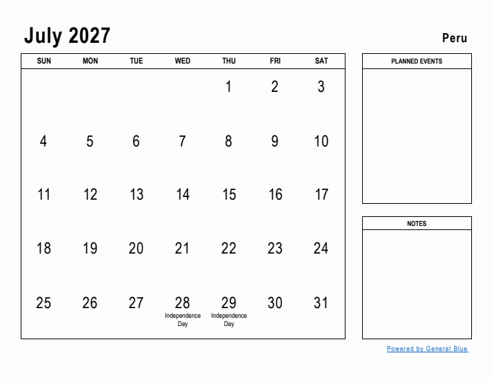 July 2027 Printable Monthly Calendar with Peru Holidays