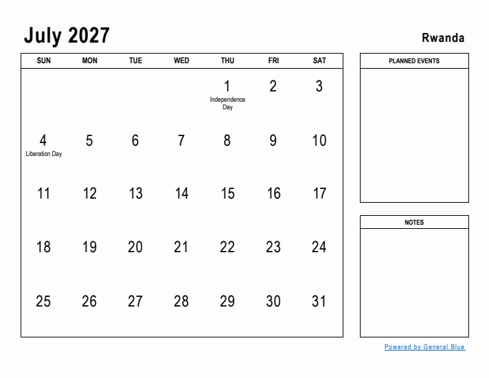 July 2027 Printable Monthly Calendar with Rwanda Holidays