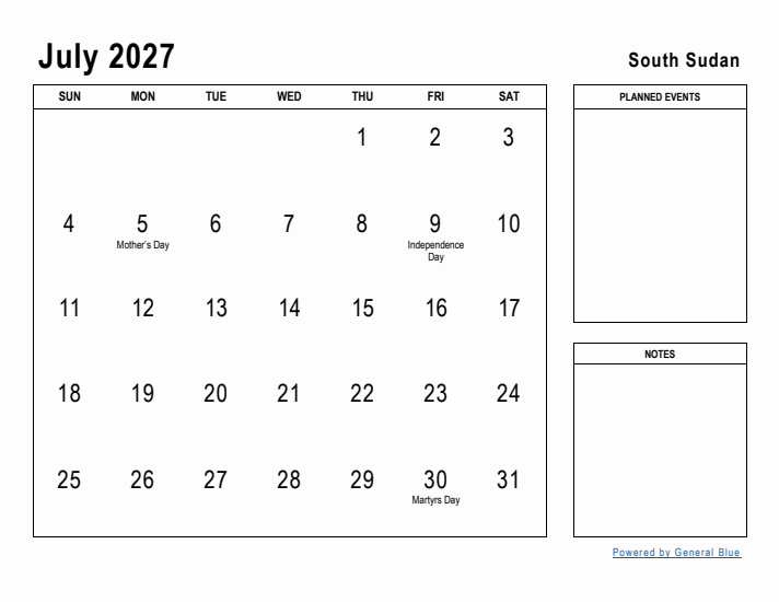 July 2027 Printable Monthly Calendar with South Sudan Holidays