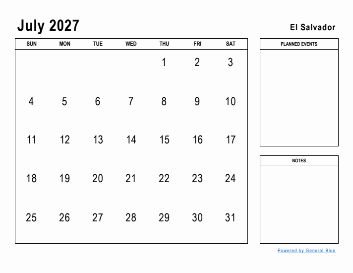 July 2027 Printable Monthly Calendar with El Salvador Holidays