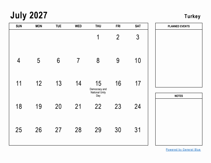 July 2027 Printable Monthly Calendar with Turkey Holidays